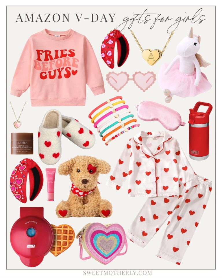 A collage of valentine 's day items including pajamas, slippers and a teddy bear.