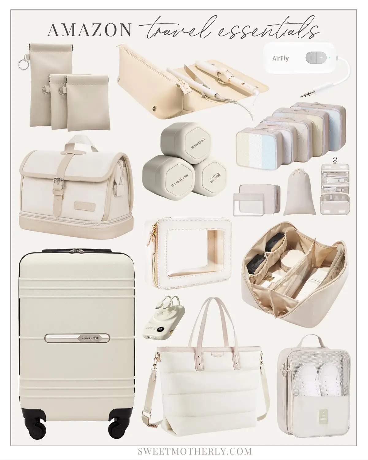 A collage of different types of white luggage.