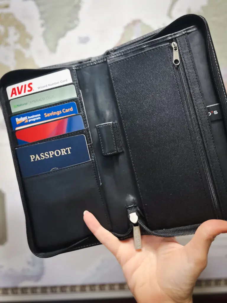 25-of-the-best-travel-essentials-from-Amazon - Sweet Motherly A person holding an open black leather wallet.