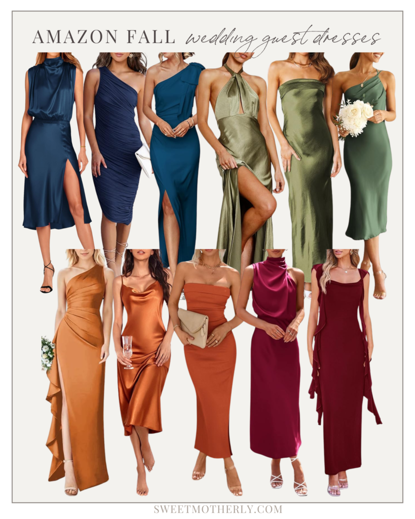 Collage of 12 wedding guest dresses in right autumn colors, perfect for fall!