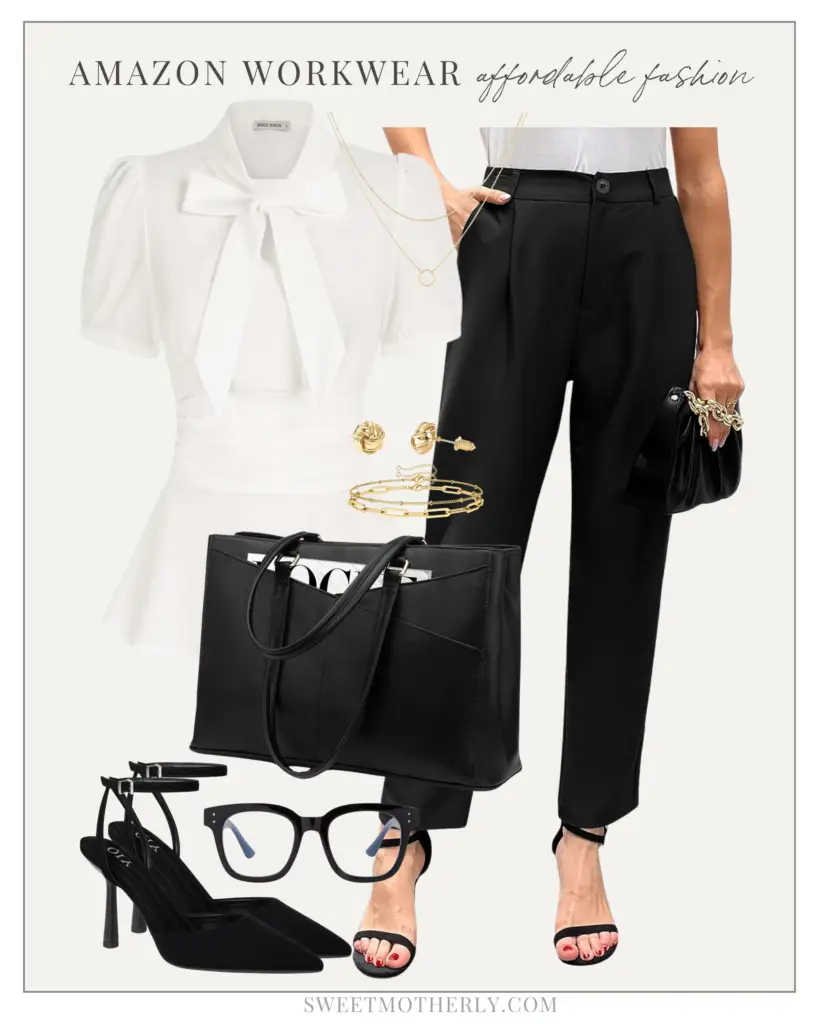 25-affordable-fall-work-wear-and-teacher-outfits - Sweet Motherly A woman wearing black and white clothes with her purse.