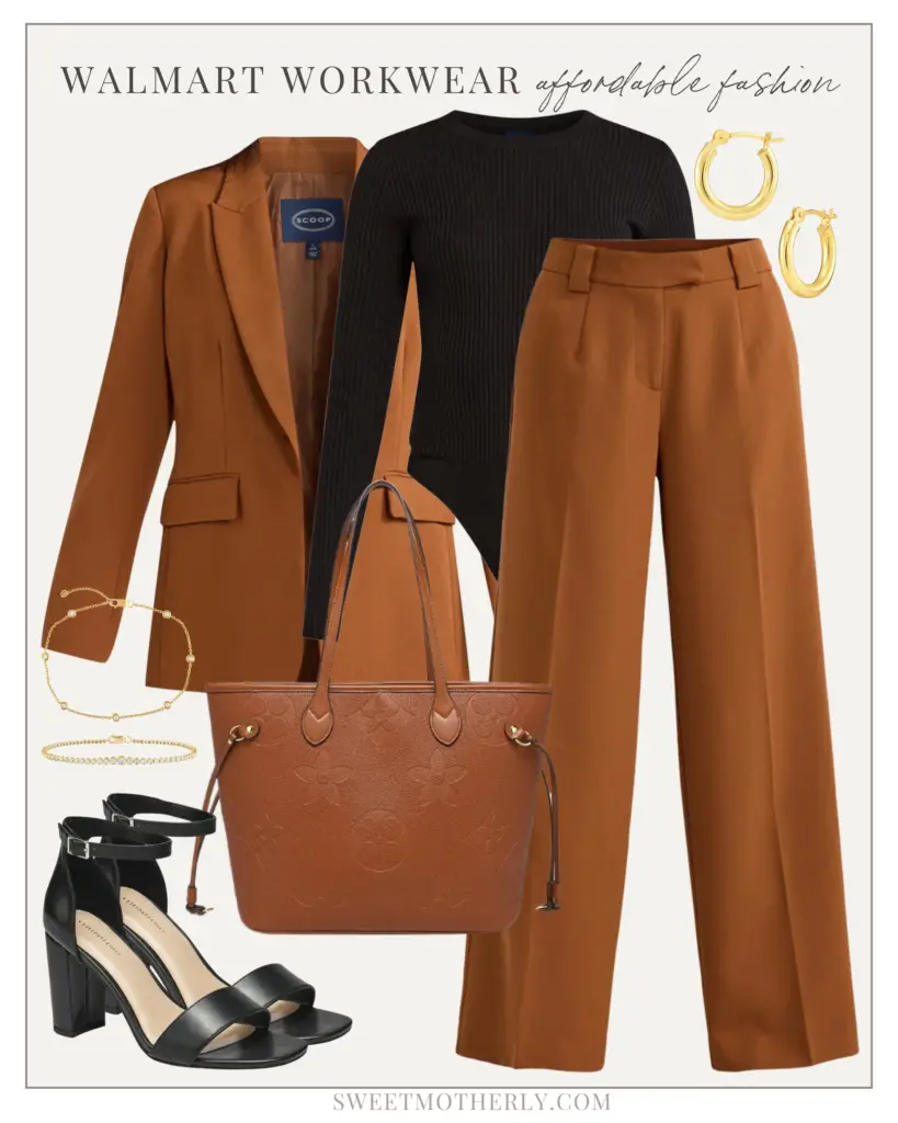 A brown suit, black shirt and bag with high heels