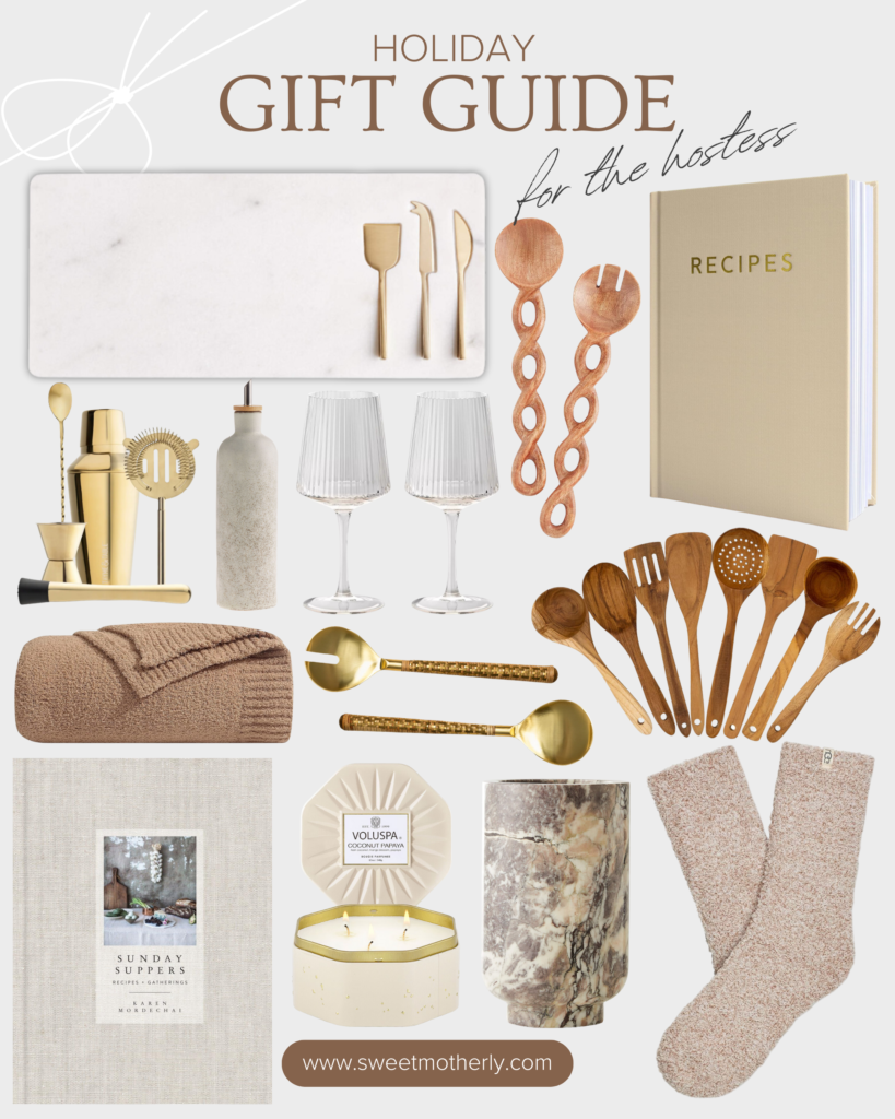 A collage of items that include wooden utensils, wine glasses and towels.