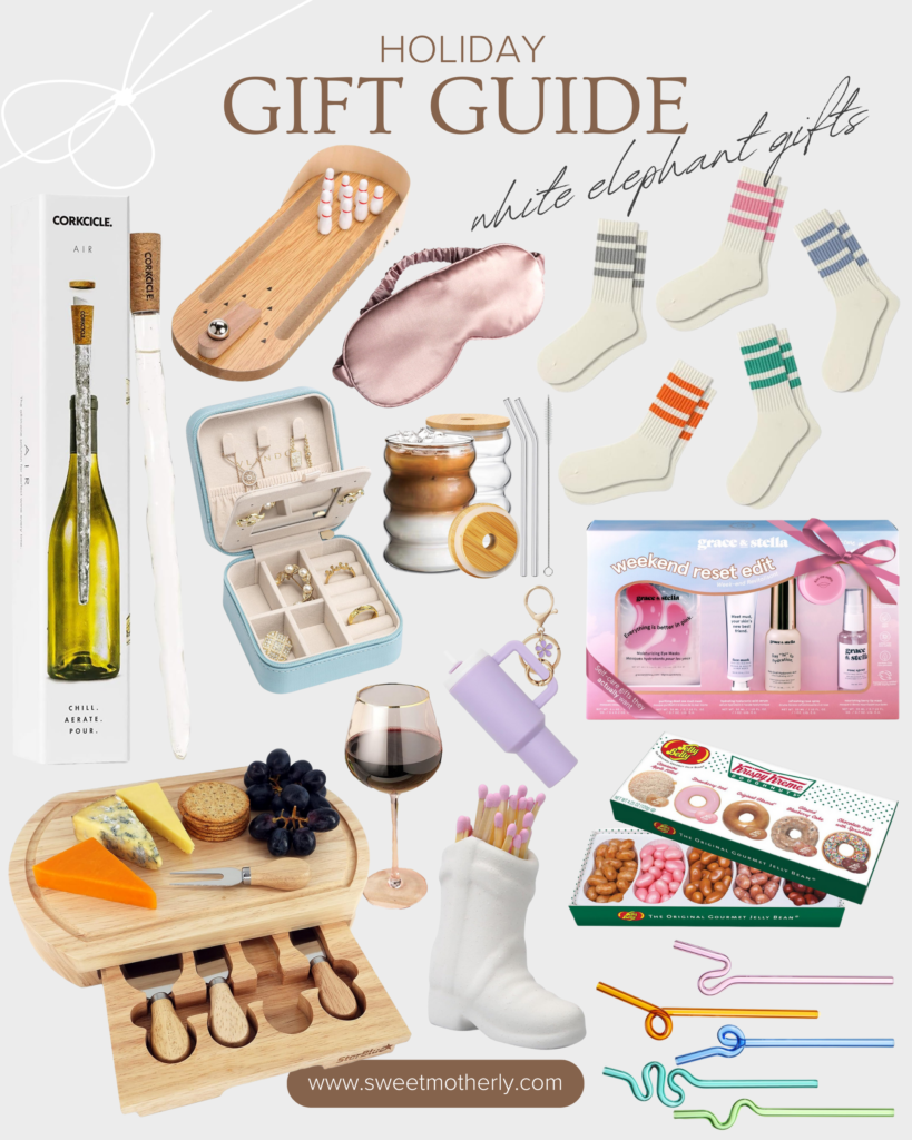 A collage of different items that include wine, socks and other accessories.