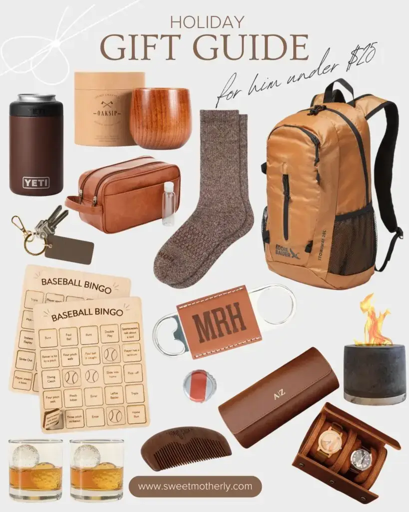 Holiday Gift Guides - 3 - Sweet Motherly A collage of items that include a backpack, socks and other accessories.