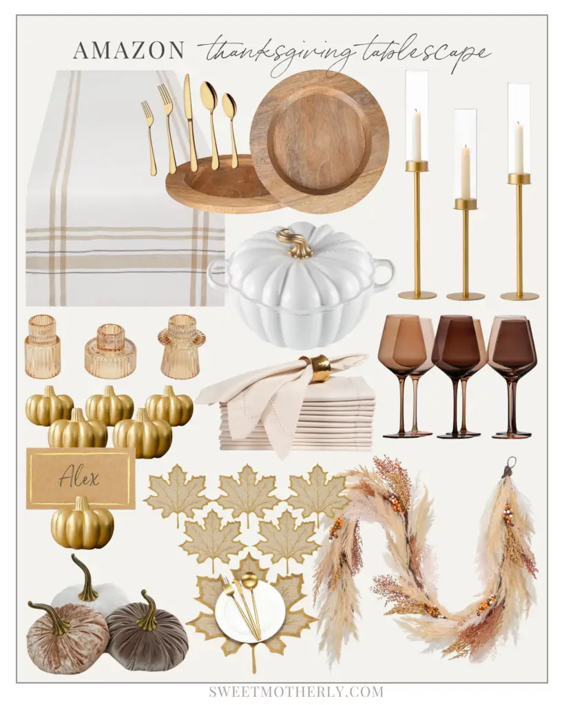 A collage of different items that include candles, plates and glasses.