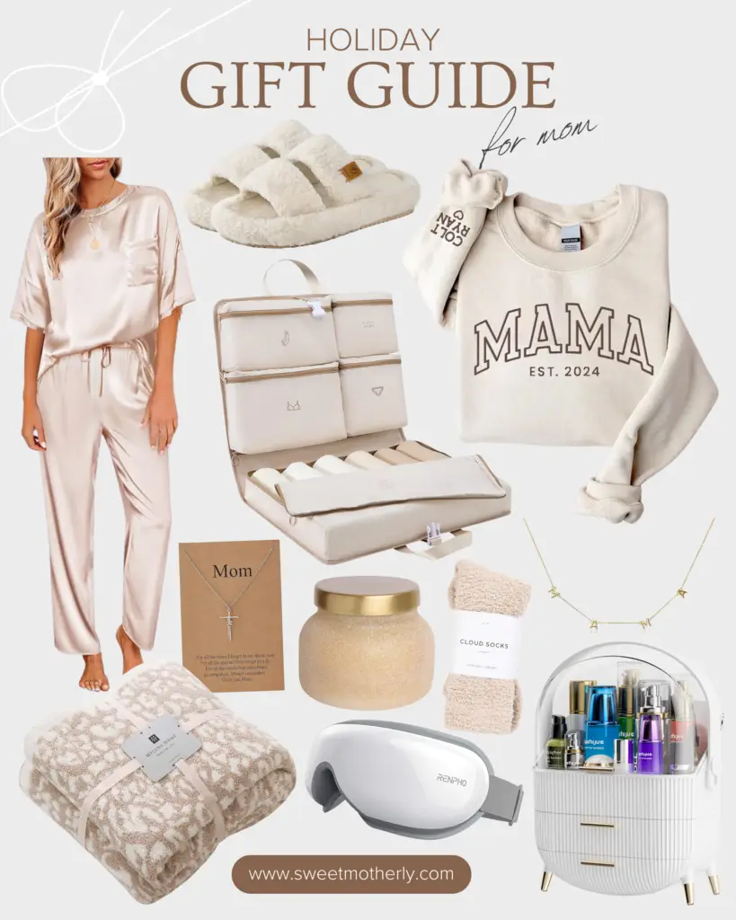 A collage of items that include pajamas, slippers and other accessories.