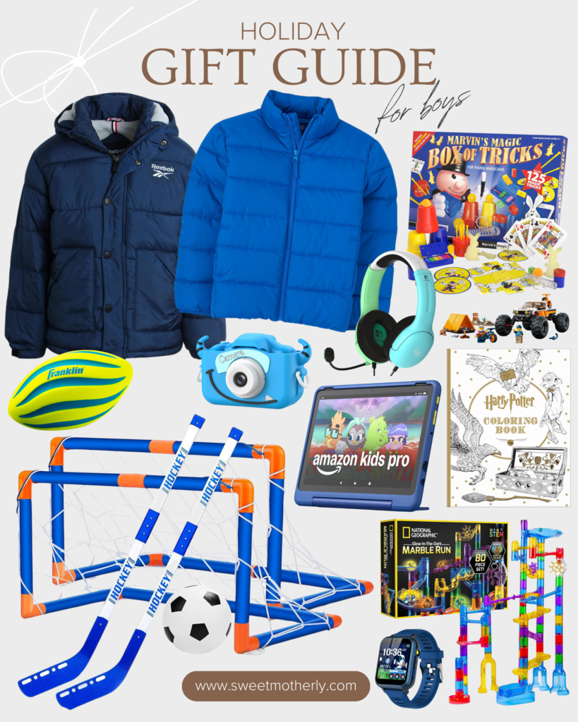 A collage of gifts for boys including jackets, toys and books.