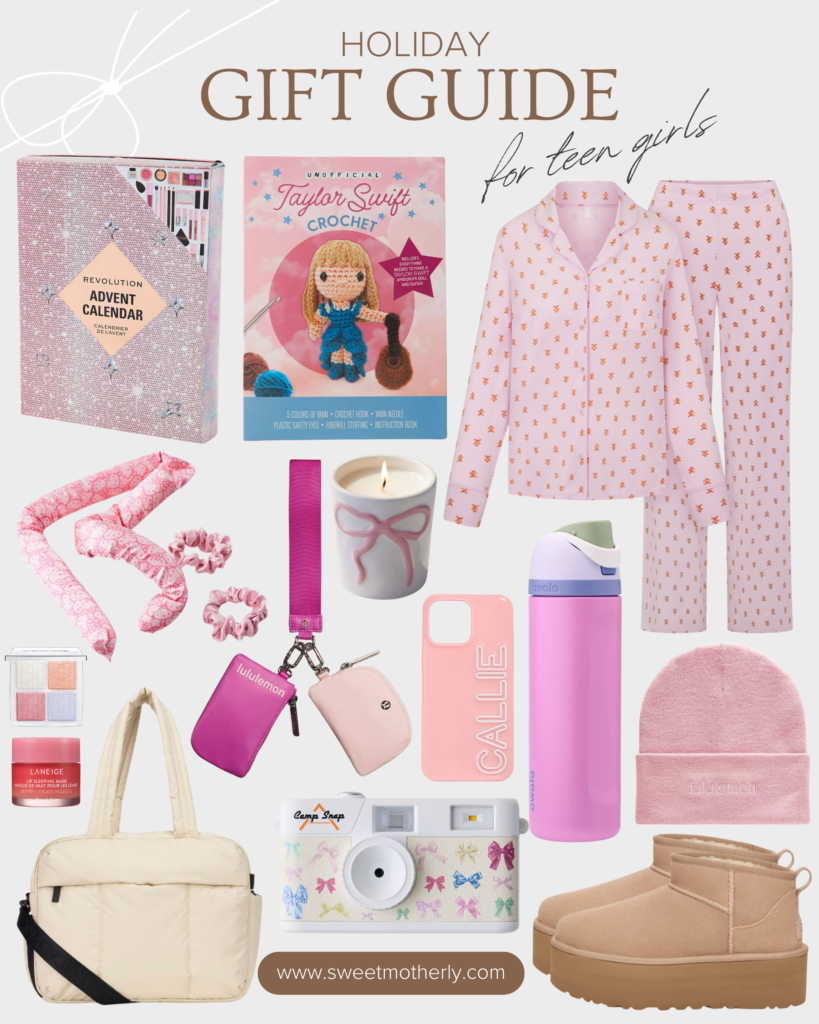 A collage of pink and white items for girls.