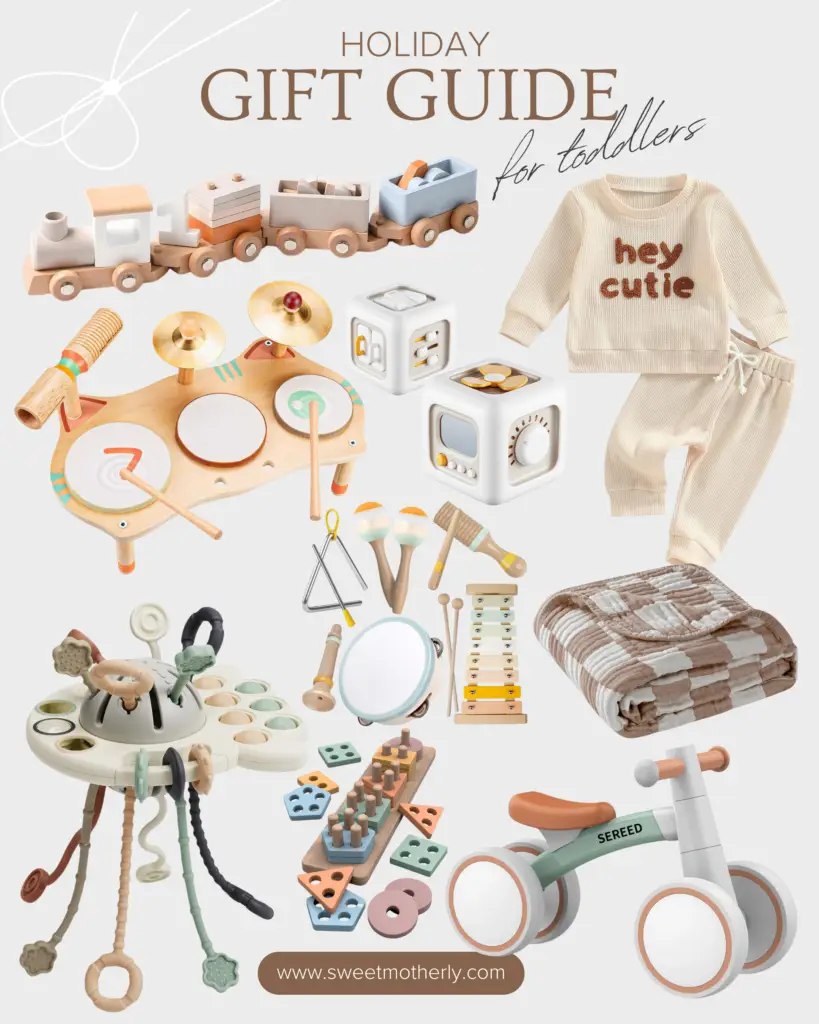 A collage of different toys and items for babies.