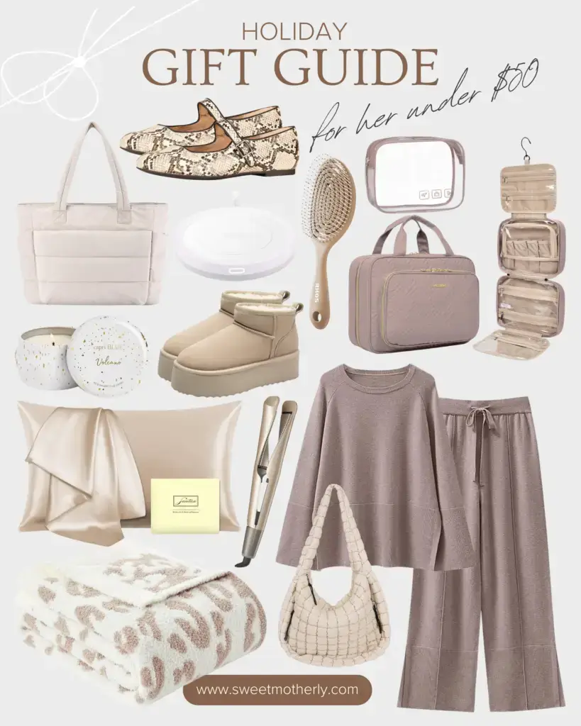 Holiday Gift Guides - Sweet Motherly A collage of different items that include slippers, a bag and a purse.