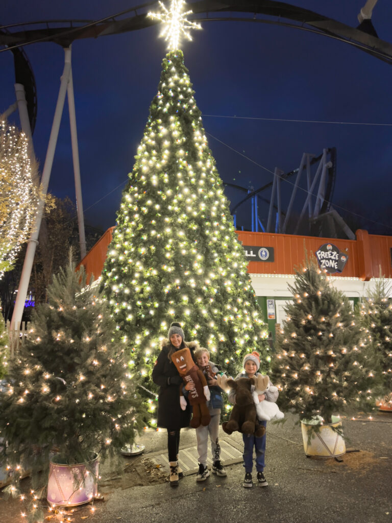 A group of people standing around a christmas tree.