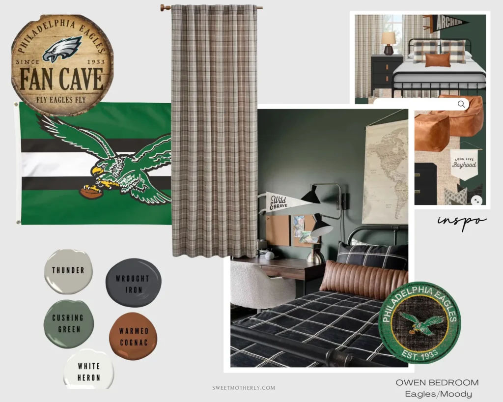 Philadelphia Eagles kids' bedroom mood board with green and black color scheme, plaid curtains, leather accents, and football-themed wall decor for a moody sports-inspired room.