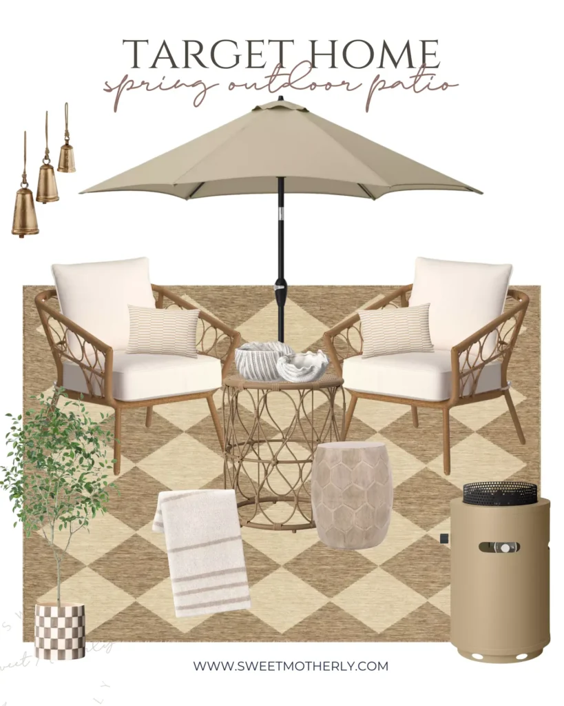 Target Spring Outdoor Patio Decor – Affordable Backyard Ideas - Sweet Motherly Neutral spring outdoor patio decor featuring Target furniture, rattan chairs, beige umbrella, checkered rug, and budget-friendly accessories.