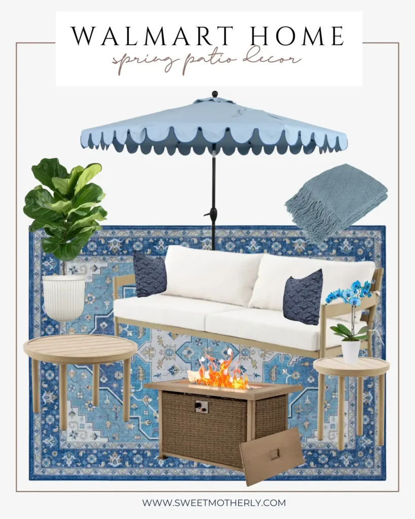 Walmart Spring Patio Decor – Budget-Friendly Outdoor Finds - Sweet Motherly Affordable Walmart spring patio decor featuring a scalloped umbrella, outdoor seating, blue area rug, fire pit table, and accent tables.