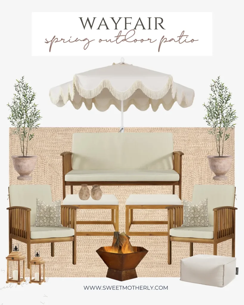 Wayfair Spring Outdoor Patio Furniture and Decor Inspiration - Sweet Motherly Neutral outdoor patio furniture set from Wayfair with fringe umbrella, wooden seating, ottomans, fire pit, and minimalist planters.