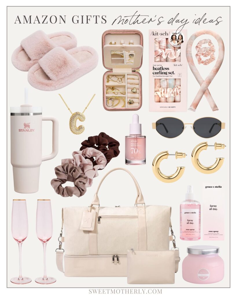 Collage of Amazon Mother’s Day gift ideas including pink slippers, jewelry box, Stanley mug, duffle bag, heatless curling set, skincare, scrunchies, and gold earrings from Sweet Motherly.