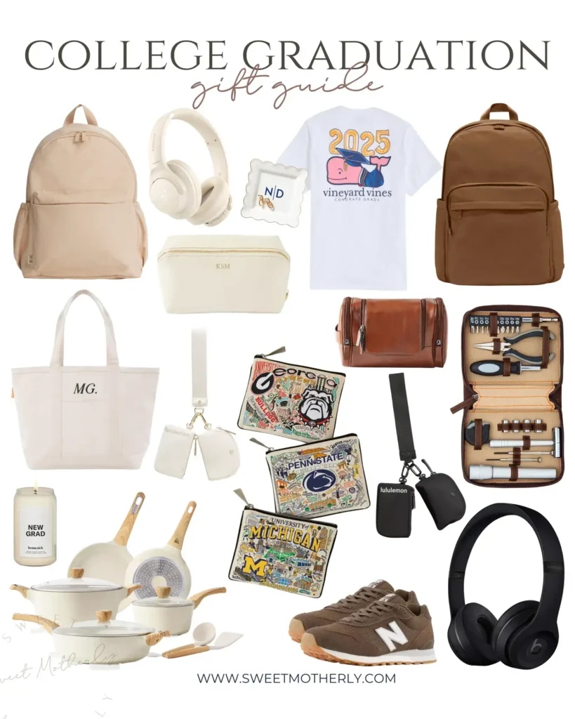 Collage of college graduation gift ideas including neutral backpacks, cookware, monogrammed pouches, Vineyard Vines tee, sneakers, headphones, and travel sets from Sweet Motherly.