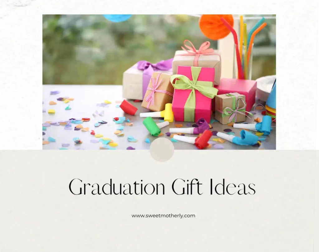Colorful wrapped presents, confetti, and graduation scrolls with “Graduation Gift Ideas” text overlay from Sweet Motherly.