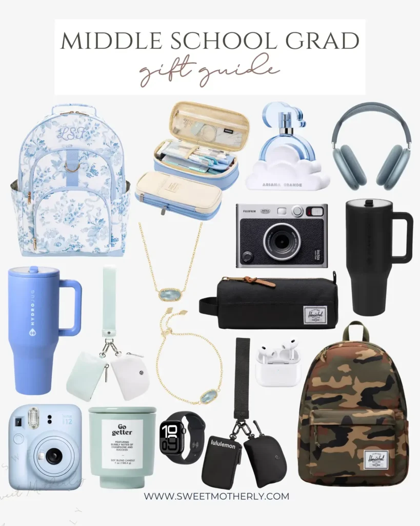 Collage of middle school graduation gift ideas including backpacks, tech accessories, water bottles, cameras, jewelry, and school supplies from Sweet Motherly.