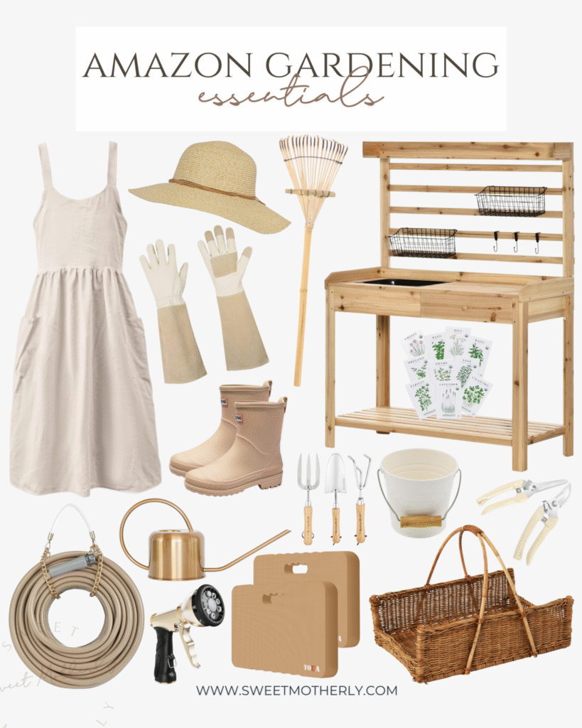 Collage of Amazon gardening essentials including apron, gloves, boots, hose, watering can, seed packets, tools, and sun hat from Sweet Motherly.
