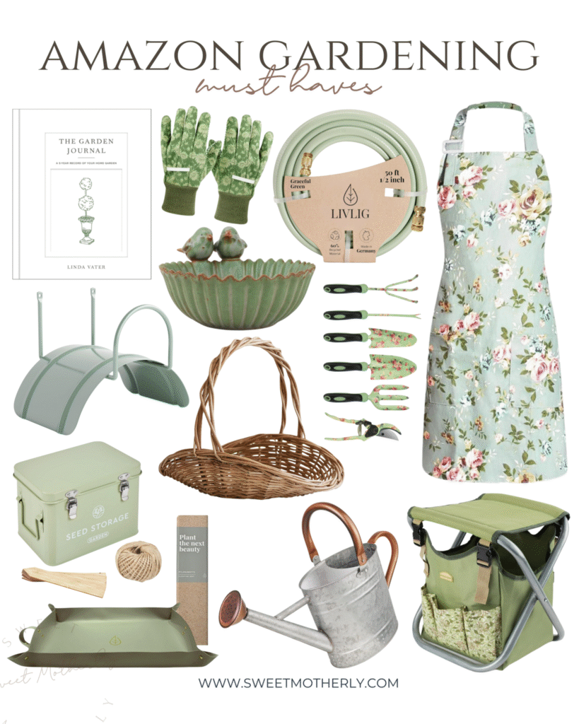 Collage of Amazon gardening must-haves with floral apron, green tools, garden journal, basket, watering can, hose, and seed storage box.
