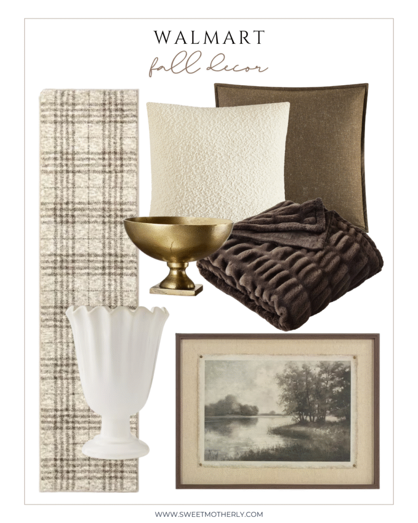 Walmart fall décor featuring an ivory pillow, brown throw blanket, plaid runner, brass bowl, white vase, framed artwork, and deep neutral accent pillow.