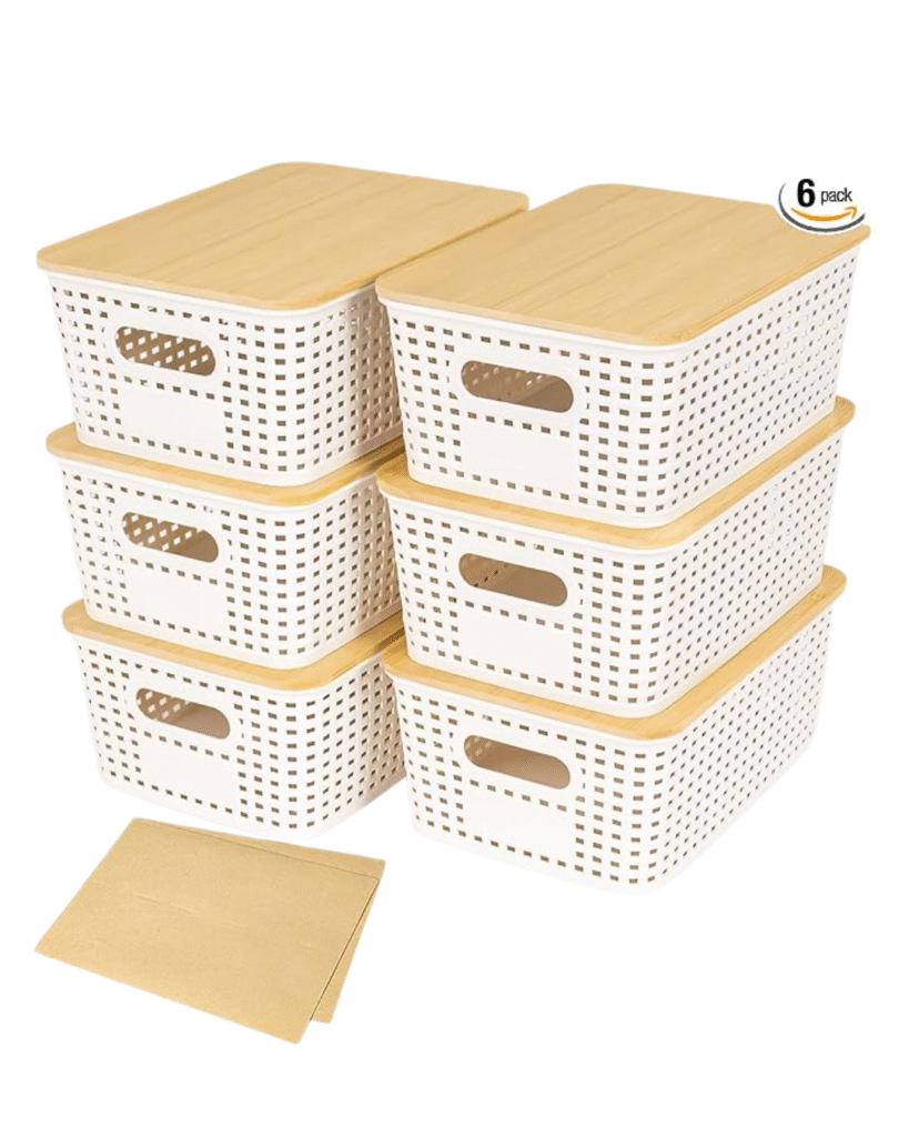 6 Pack Plastic Storage Baskets With Bamboo Lid