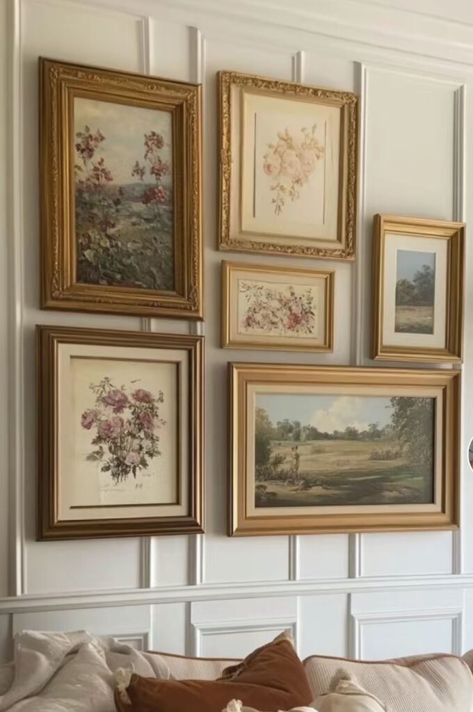 A gallery wall with ornate gold frames featuring vintage floral and landscape artwork, adding charm and texture to the space.