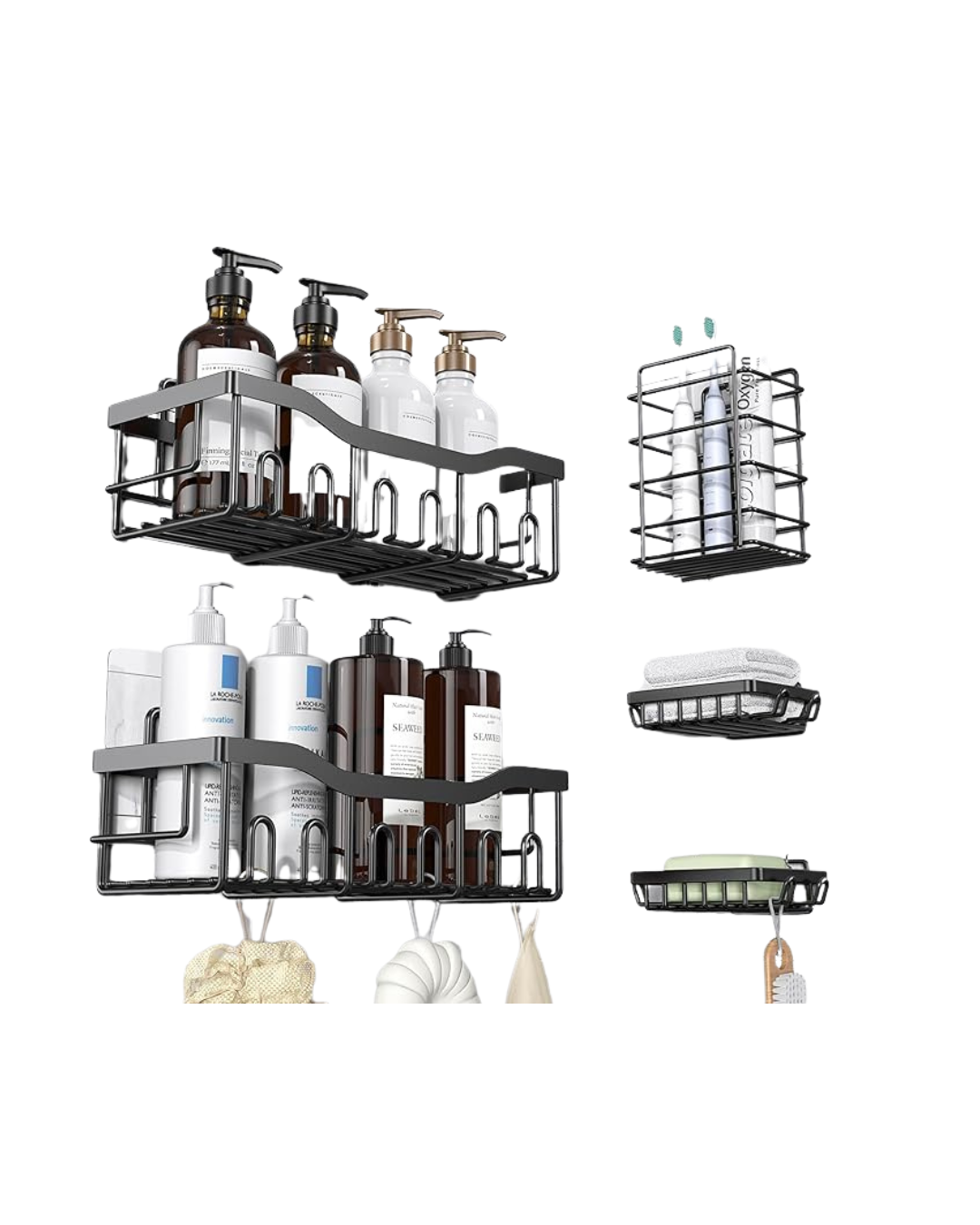 Shower racks holding soaps and shampoos