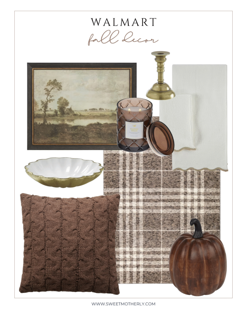 Walmart fall décor featuring a brown knit pillow, plaid area rug, landscape wall art, brass candlestick, scalloped bowl, wood pumpkin, and moody glass candle.