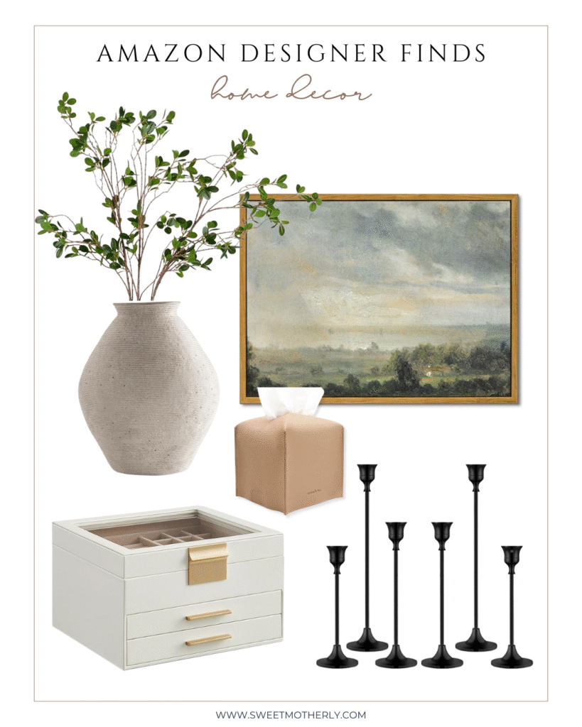 34 - Sweet Motherly Collage of Amazon designer home decor finds featuring a textured ceramic vase with greenery, a framed landscape painting, a leather tissue box cover, a white and gold jewelry box, and black metal candle holders.