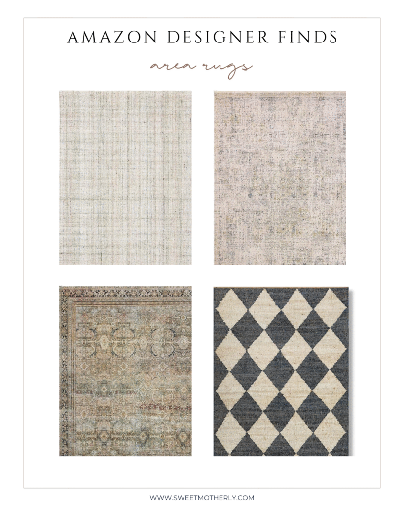 35 - Sweet Motherly Collage of Amazon designer area rugs showcasing a neutral textured rug, a faded vintage-inspired rug, a muted traditional patterned rug, and a black and cream diamond rug.