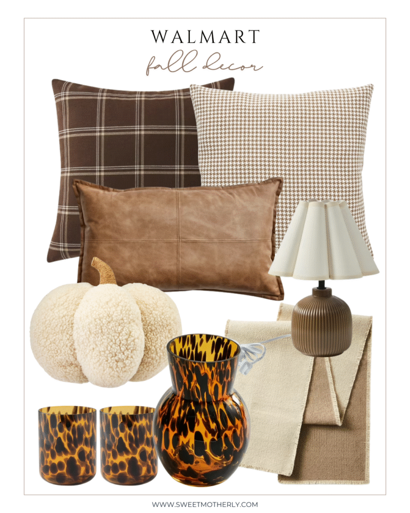 Walmart fall décor featuring plaid and houndstooth pillows, a faux leather pillow, sherpa pumpkin, tortoiseshell glassware, ribbed lamp, and neutral woven runner.