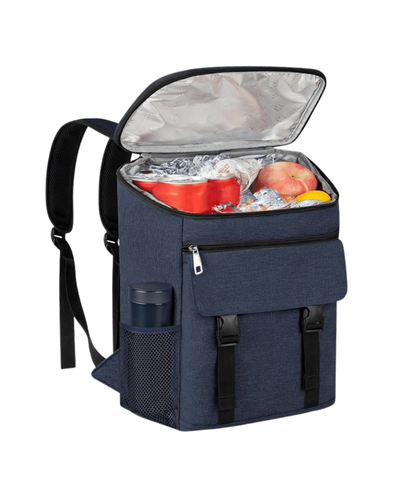 Navy cooler holding drinks and snacks