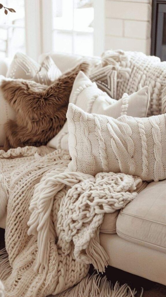 A cozy cream-toned sofa layered with chunky knit blankets, textured pillows, and neutral fall accents.