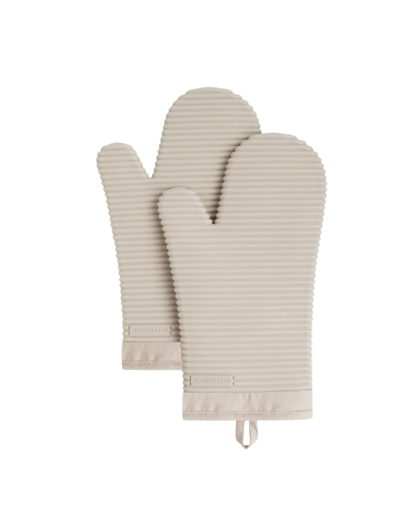 Beige colored oven mitts