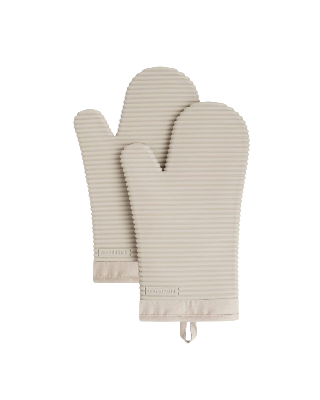Beige colored oven mitts