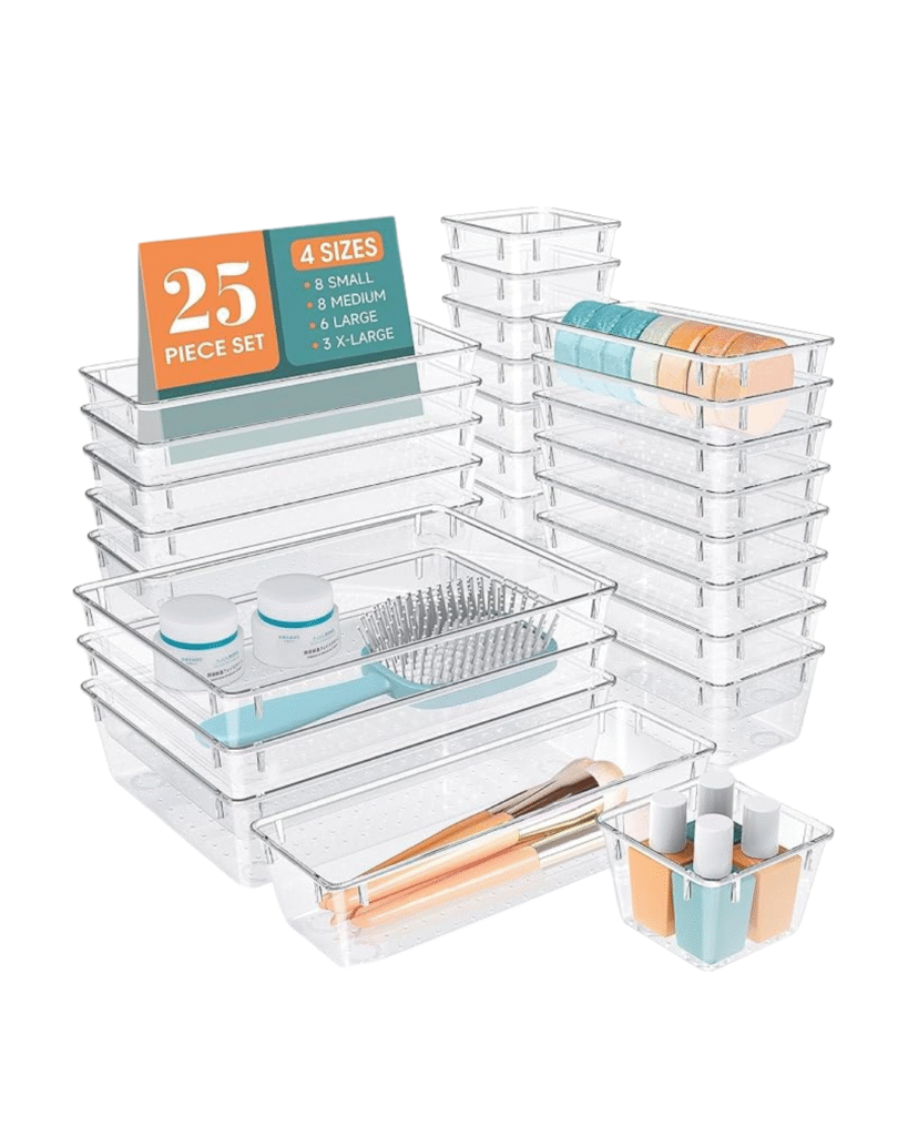 25 PCS Clear Plastic Drawer Organizer Set
