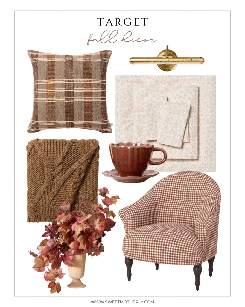 Target fall decor collage featuring plaid pillow, brass wall light, floral bedding set, chunky knit blanket, brown teacup with saucer, faux fall leaves in vase, and brown gingham armchair.