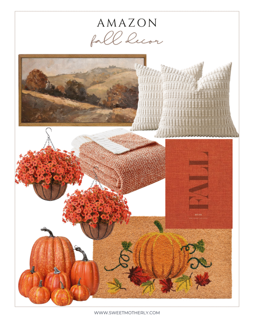 Amazon fall decor collage featuring landscape wall art, cream textured pillows, burnt orange throw blanket, hanging orange florals, pumpkin doormat, faux pumpkins, and rust-colored “FALL” book.