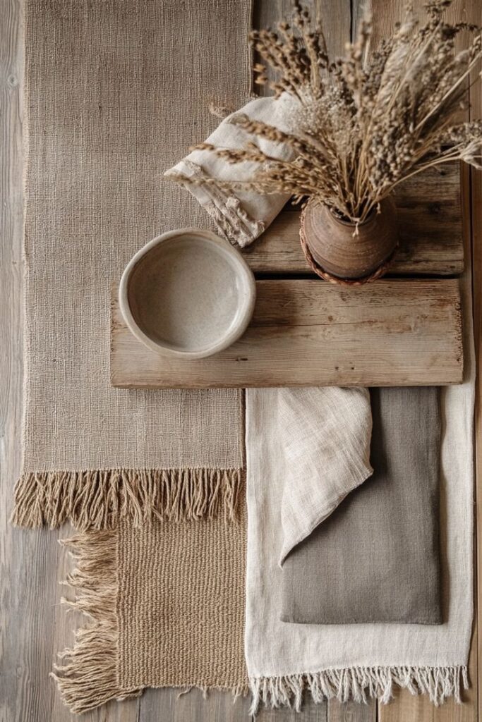 A flat lay of neutral-toned table linens, a ceramic bowl, and dried florals on rustic wooden boards, showcasing natural fall textures.