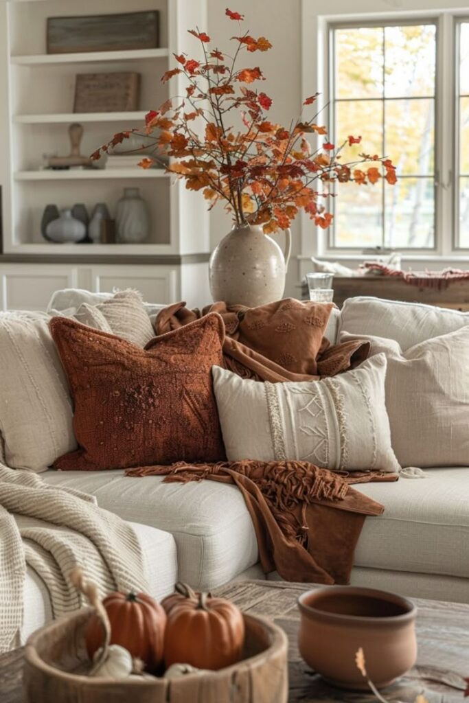 Fall Home Trends. A neutral sofa styled with rust-toned pillows, a beige throw, a ceramic vase of fall branches, and natural wood accents.