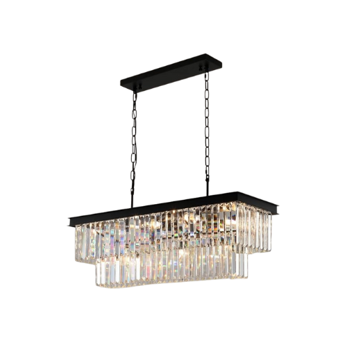 Rectangular crystal chandelier with a black frame, a modern glam lighting option for kitchens or dining rooms.