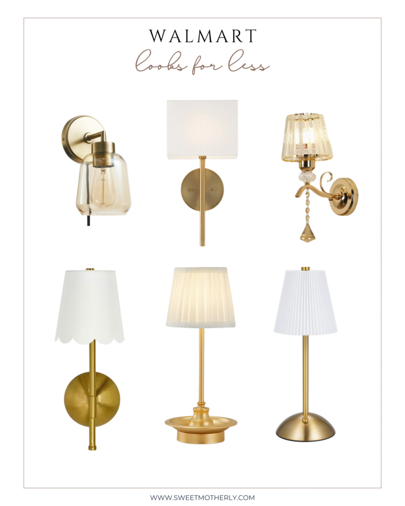 Collage of Walmart lamp finds with brass wall sconces, pleated and scalloped lampshades, and modern gold table lamps styled for living rooms, bedrooms, and bathrooms.
