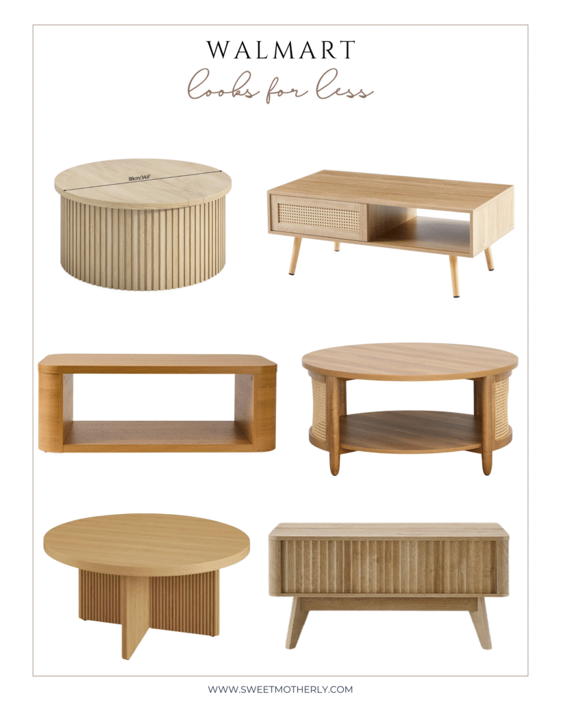 Collage of Walmart coffee table finds including round fluted wood tables, cane storage tables, and modern rectangular wood designs styled for living rooms.