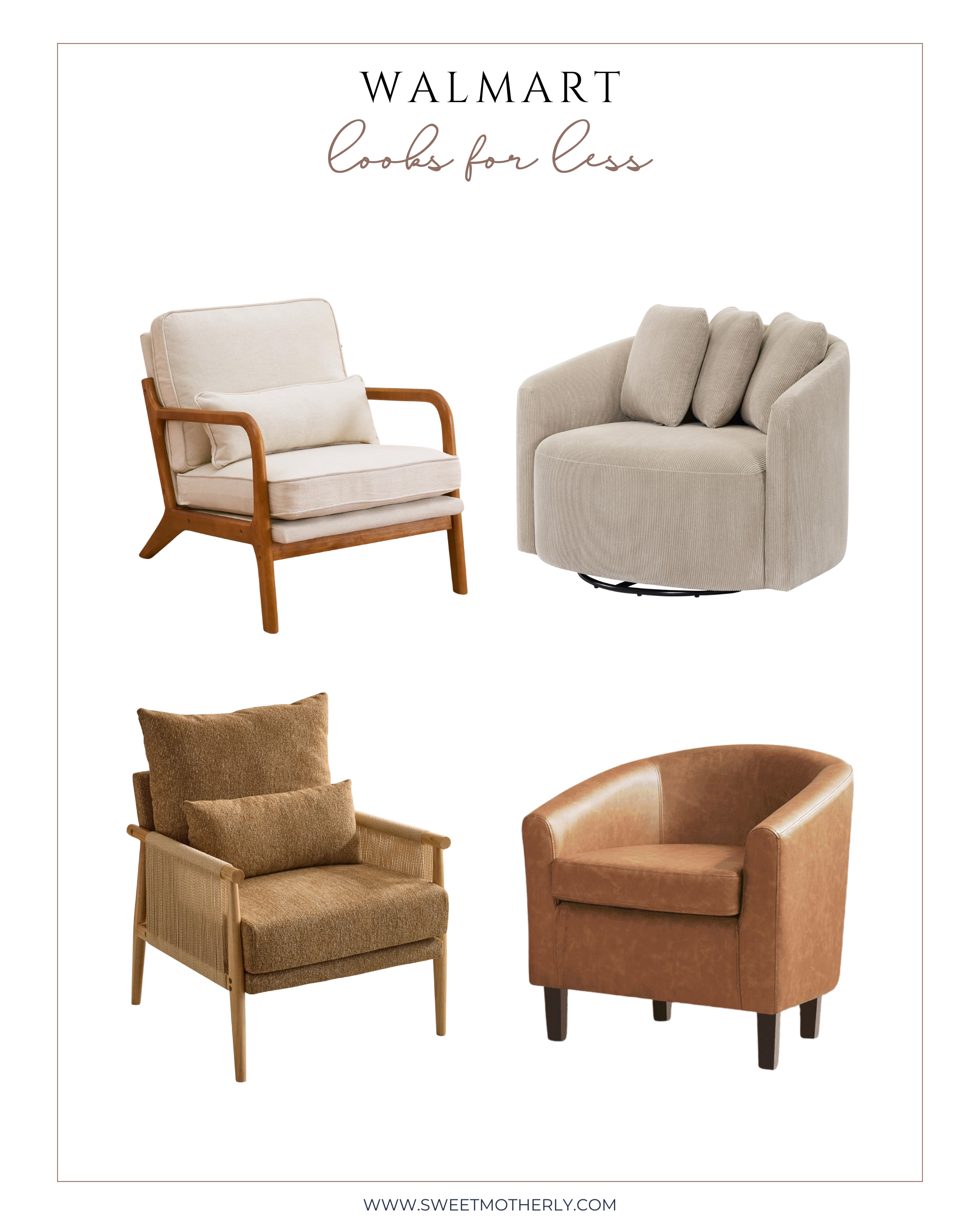 Collage of Walmart chair finds with boucle swivel chairs, mid-century wood frame chairs, rattan accent chairs, and leather barrel chairs styled for living rooms and bedrooms.