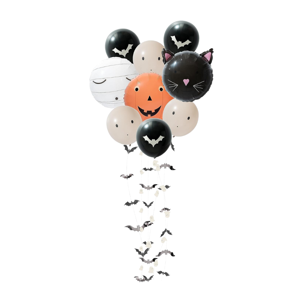 white, black, and orange halloween balloons