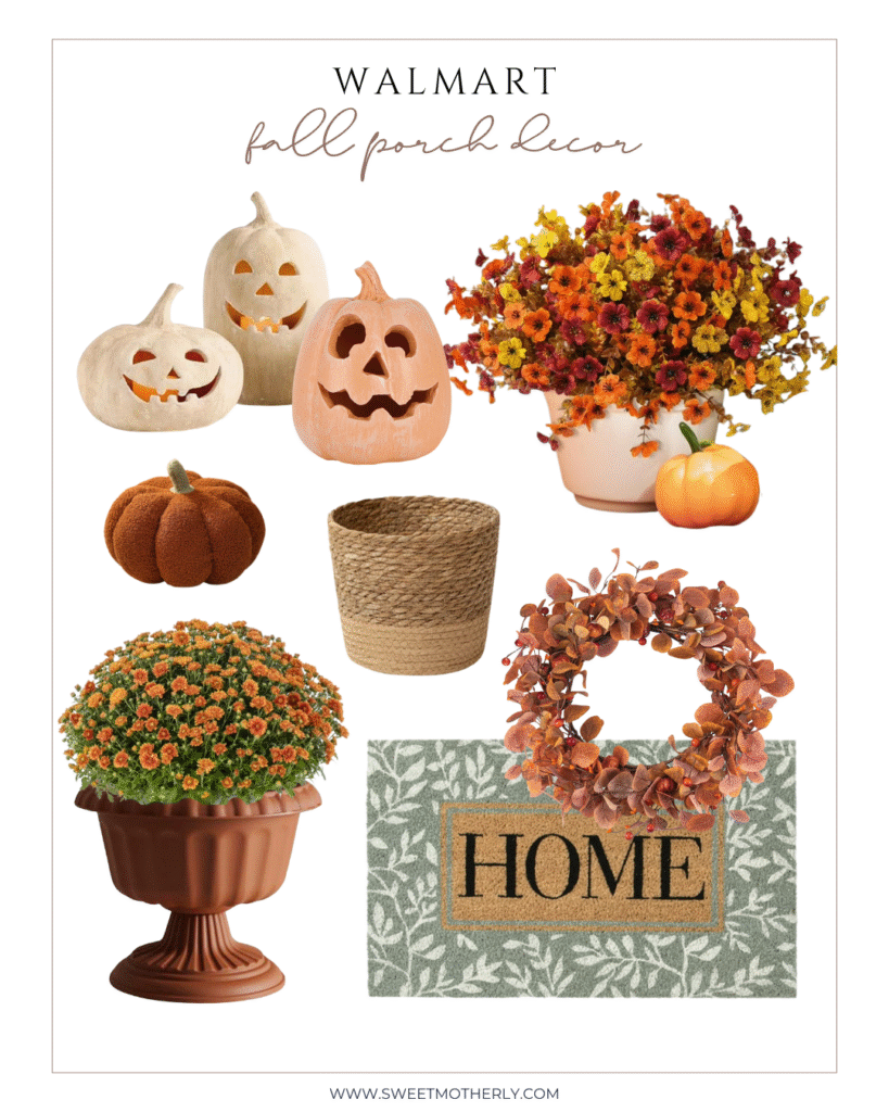 Simple and affordable fall porch decor with pumpkins and white mums arranged by the front steps.