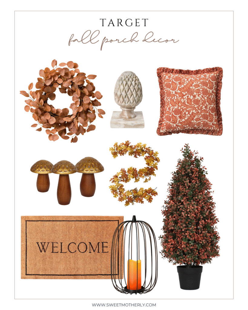 Cozy fall porch decor with rustic jack-o’-lantern pumpkins styled on a porch.